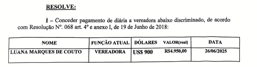 Trecho do documento publicado pela Câmara Municipal de Novo Gama