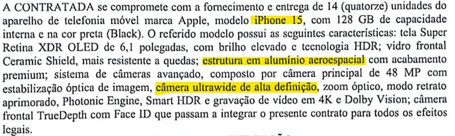 Foto: Contrato assinado pelo vereador Marcos Oliveira e um representante da empresa que vendeu os iPhones.